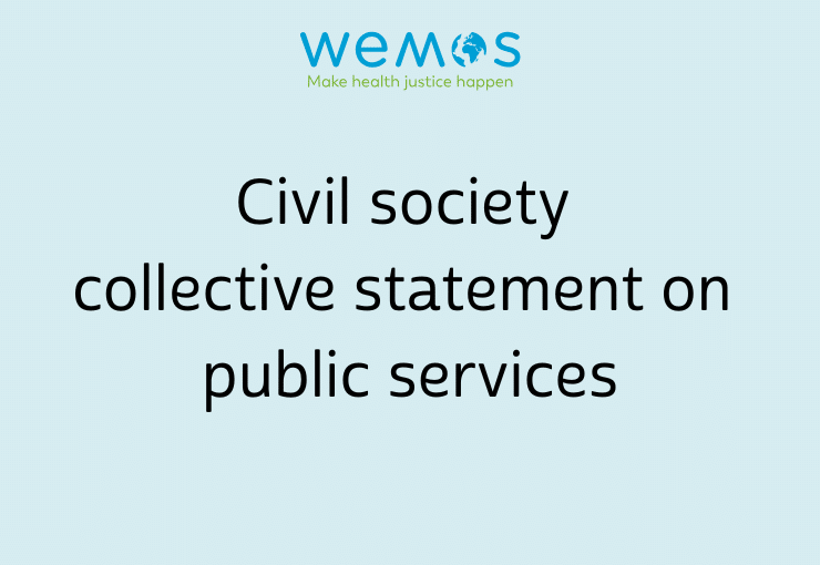 Light blue square with black letters saying: Civil society collective statement on public services
